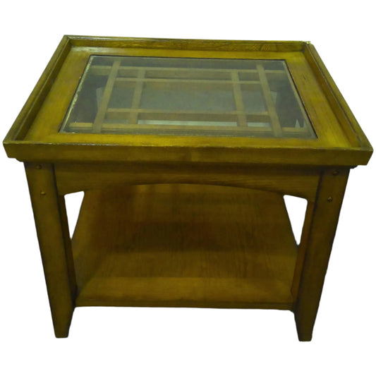 Oak-Finished End Table with Glass Inlay