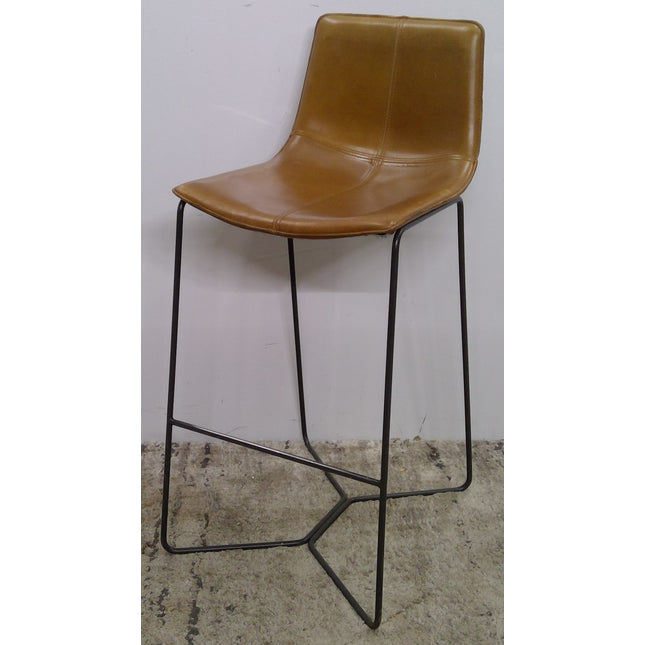 Barstool with Brown Faux Leather Seat and Black Metal Legs