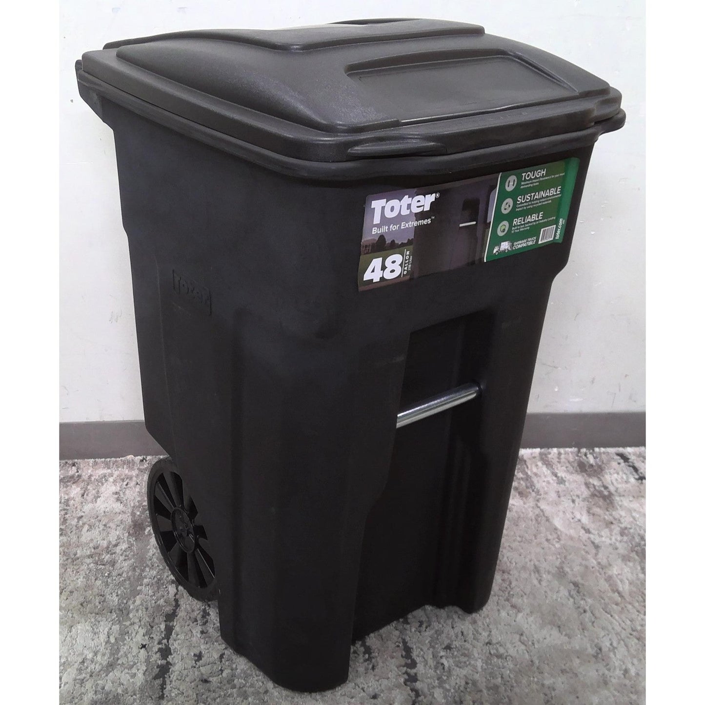 48 Gallon Black Rolling Outdoor Garbage/Trash Can with Wheels and Attached Lid