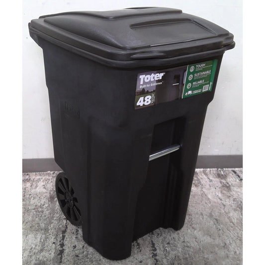 48 Gallon Black Rolling Outdoor Garbage/Trash Can with Wheels and Attached Lid
