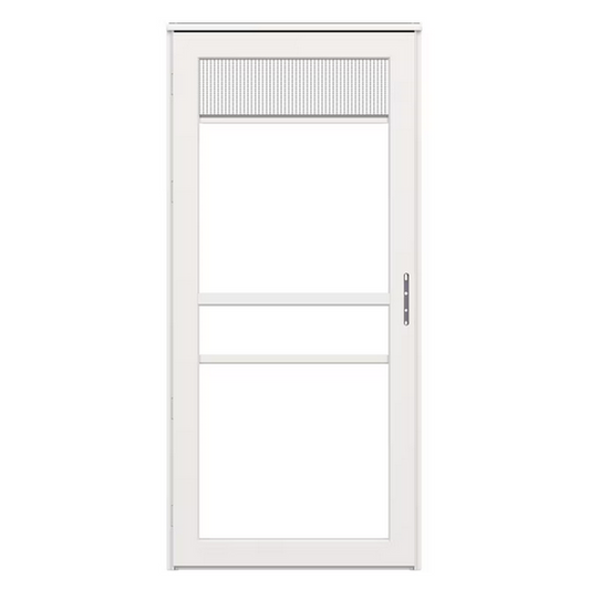 Split Fullview 36-in x 81-in White Linen Aluminum Right-hand Outswing/Left Hinge Storm Door with Retractable Screen