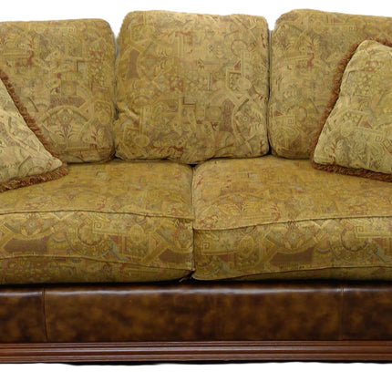 87" Brown Sofa with Tan Patterned Cushions