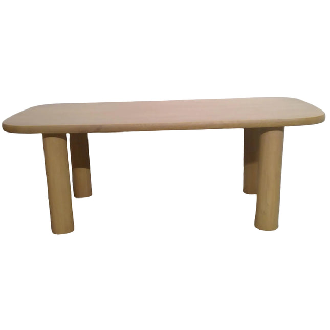 Wooden table with cylindrical legs on a plain background