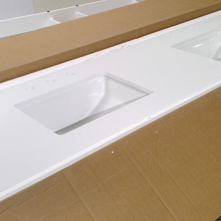 84" White Double Sink Vanity with White Quartz Top