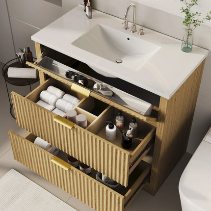 36" Grille Style Natural Oak Freestanding Bathroom Vanity with Sink and 2 Drawers