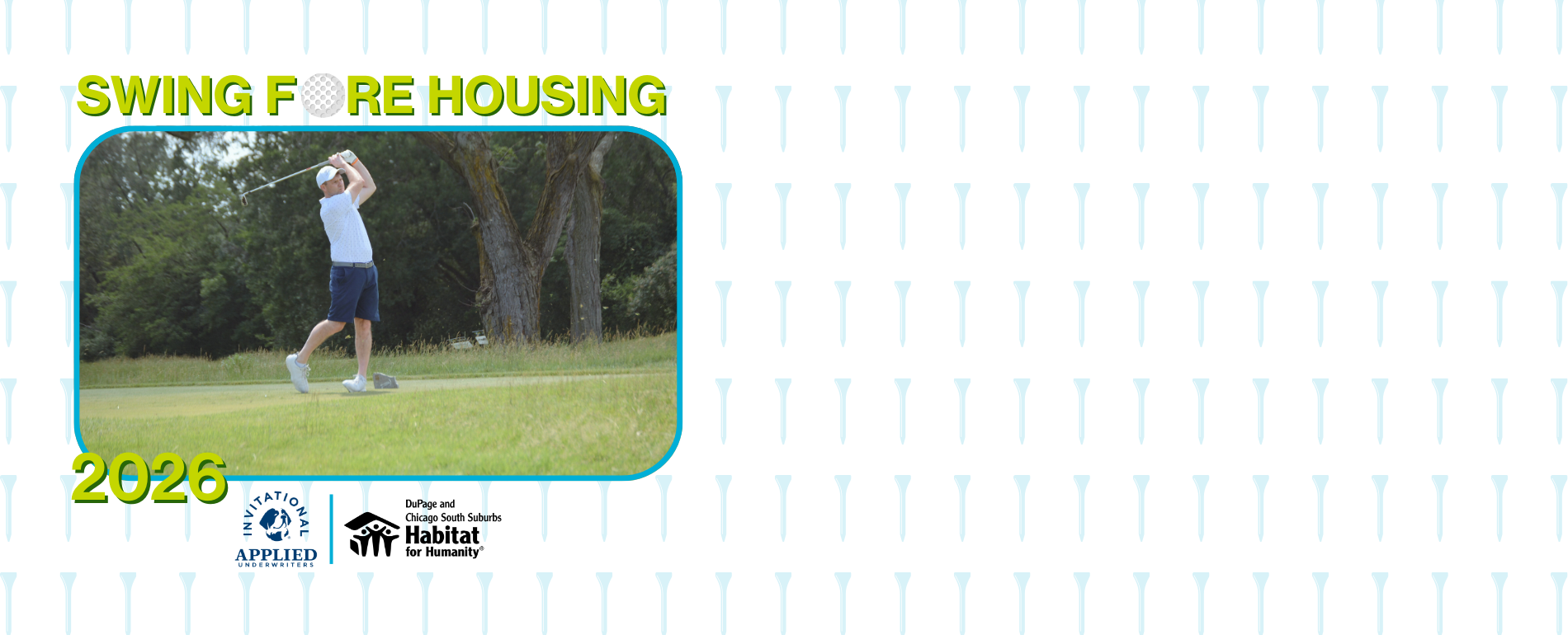 Golf advertisement with a player swinging a club, featuring 'Swing Fore Housing Applied Underwriters Invitational 2026' text.