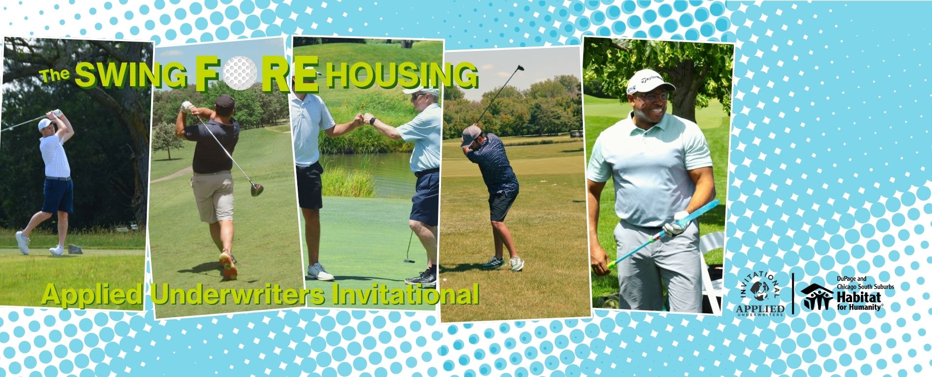 Golf tournament advertisement with players on a golf course and 'Swing Fore Housing' text overlay.