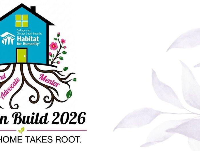 A logo-style graphic for Women Build 2026, featuring a small house with a blue roof and body, pink flowers, pink 'Friend', 'Mentor', and 'Advocate' script text on its roots, and the slogan 'WHERE HOME TAKES ROOT.' on a white background with pale leafy branches along the right side.